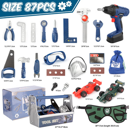 Vanplay toy for kids aged 3 years and up, tool set for children with toolbox, measuring tape, assembly car, drill, tool belt, STEM toy for kids 3-7 boys girls (87 pcs)