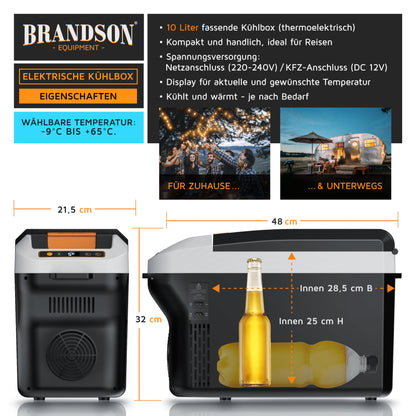 Brandson - Electric cooler box 10L - 230V mains voltage and 12V car battery voltage - cools and warms - heating up to 65°C max - cooling down approximately 20°C below ambient temperature - Cool Grey