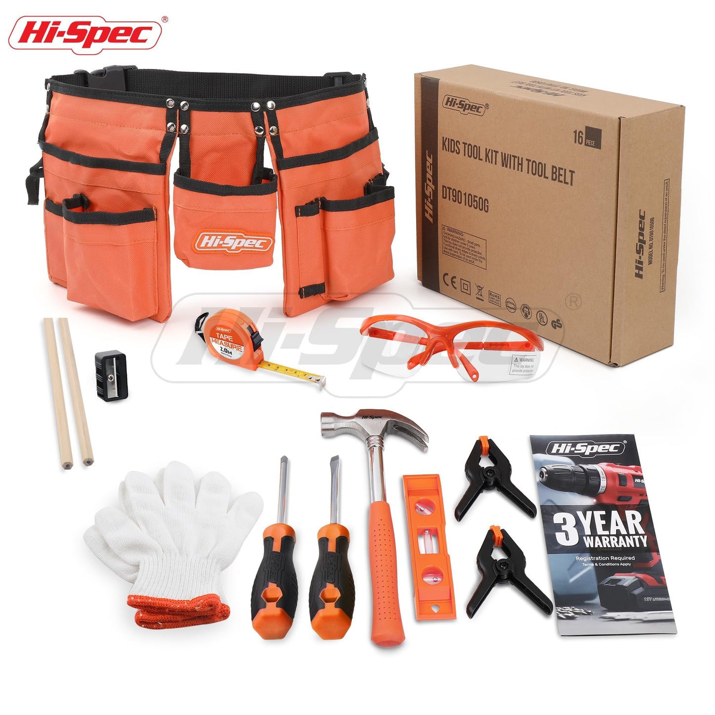 Hi-Spec 16-piece tool set for kids - with tool belt, work gloves, safety goggles, and real tools - perfect gift for little DIY enthusiasts, DIY projects, educational toy for children
