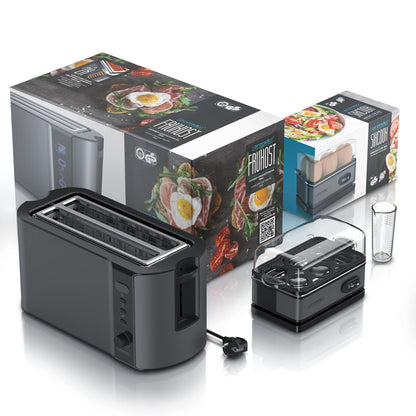 Arendo - SET egg cooker SIXCOOK with toaster FRUKOST stainless steel Cool Grey, Toaster 4 slices, LED display, 6 browning levels, bun holder - Egg cooker 1-6 eggs, measuring cup