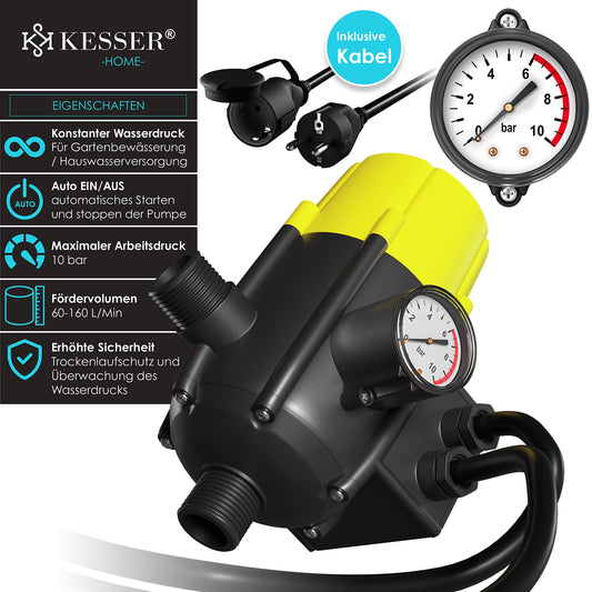 KESSER® Pump control with pressure display | with cable | 10 bar pressure switch Electronic pump control | Pressure switch | monitors water pressure - automatic on and off Garden & Home