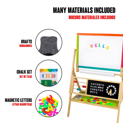 Calma Dragon W12B103-2 Kids Whiteboard 2 in 1, wooden children's board, double-sided, with clock and alphabet, with drawing paper roll, chalk, markers, and eraser (Large)