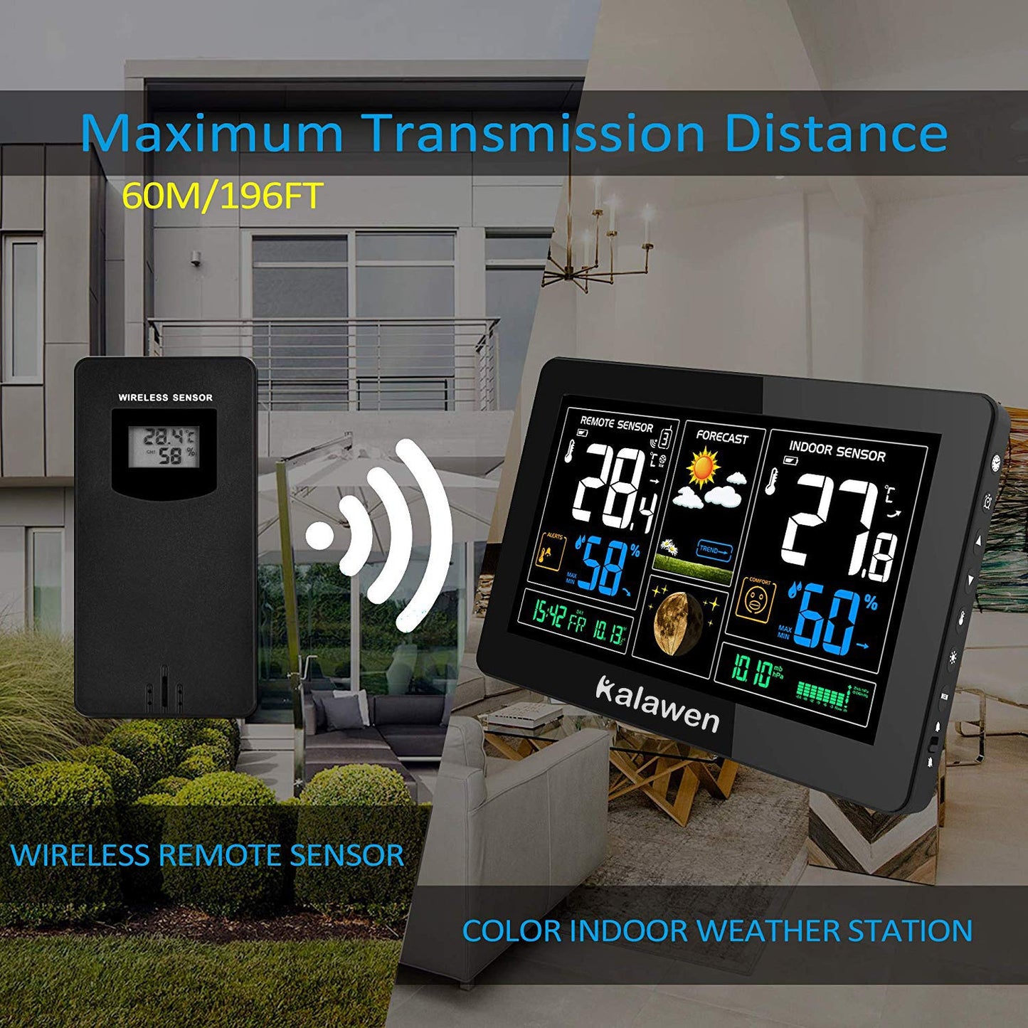 Kalawen weather station with indoor and outdoor temperature, weather forecast, DCF radio clock, battery and mains powered, black.