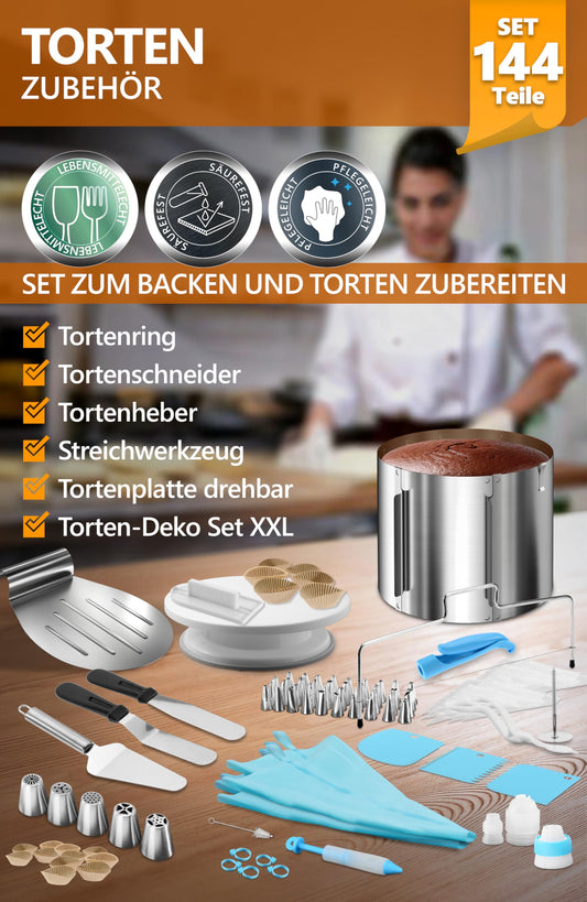 4smile Cake Decorating Set 144 pieces - adjustable cake ring high 20 cm + cake cutter + cake lifter + spreading tool + rotating cake plate + XXL cake decoration set