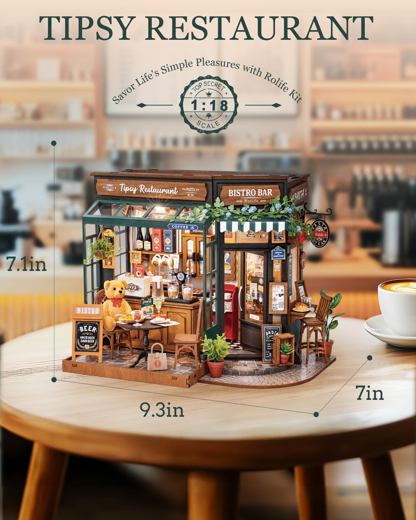 Rolife Dollhouse Tipsy Restaurant DIY Miniature House Kit Miniature Café Dollhouse Model Kit Home Decor Birthday Gift for Kids and Adults
