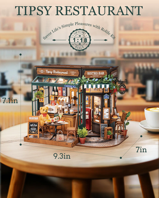 Rolife Dollhouse Tipsy Restaurant DIY Miniature House Kit Miniature Café Dollhouse Model Kit Home Decor Birthday Gift for Kids and Adults