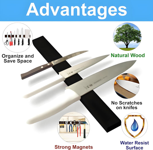 Trhillsbrad 16 inch Magnetic Knife Strip, Stainless Steel Knife Holder with 2 Hooks, Self Adhesive Black Magnetic Knife Rack, Wall Mounted Knife Holder without Drilling for Kitchen Knives.