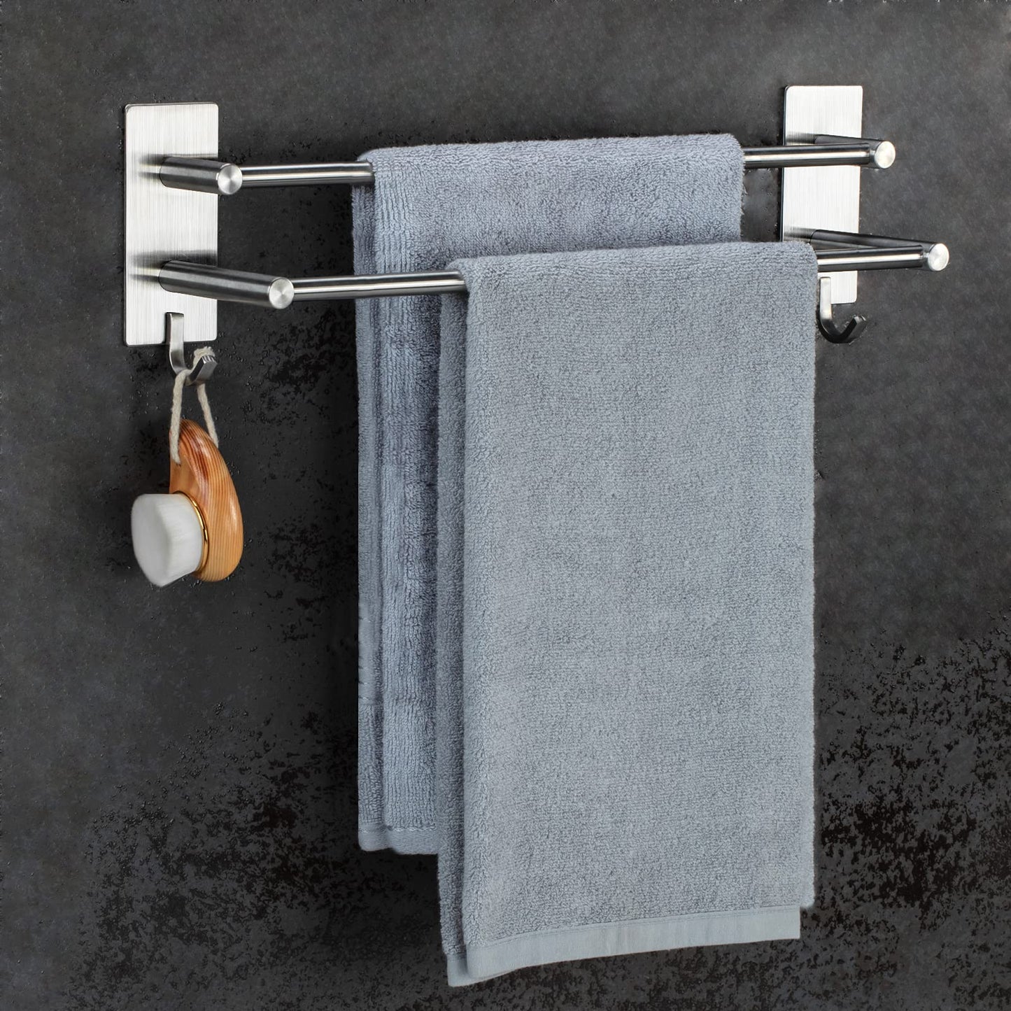 JS towel holder without drilling, stainless steel dish towel holder, self-adhesive bath towel holder with 2 hooks, wall mounted for bathroom or kitchen.