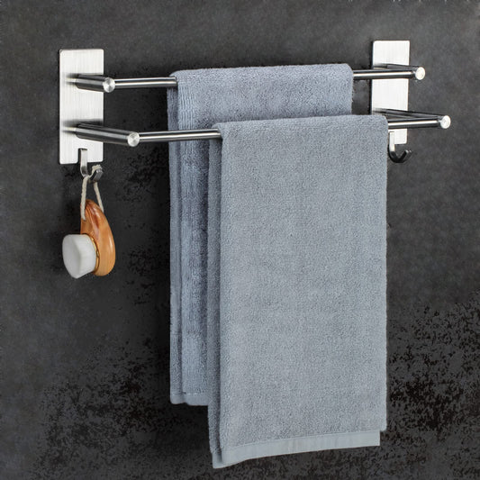 JS towel holder without drilling, stainless steel dish towel holder, self-adhesive bath towel holder with 2 hooks, wall mounted for bathroom or kitchen.