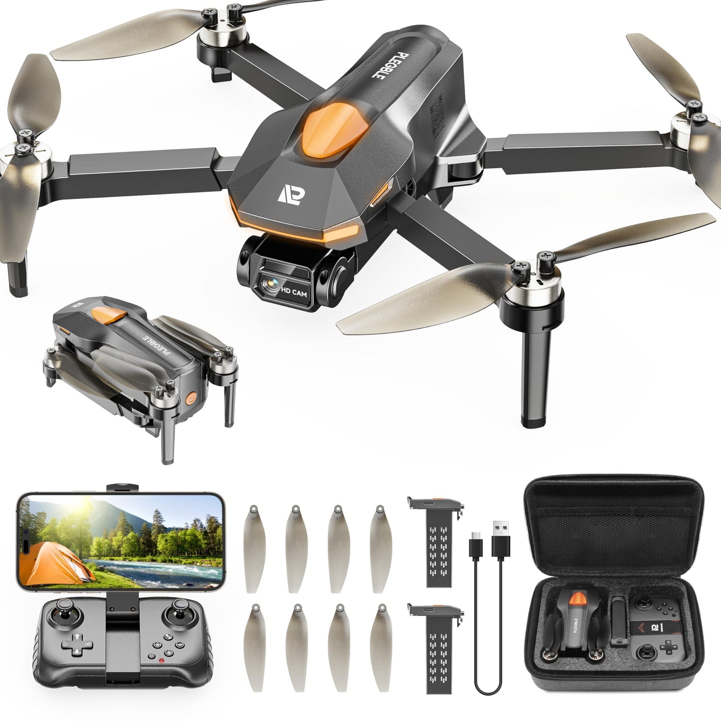 PLEGBLE drone with camera for kids adults, brushless motor mini drone FPV RC quadcopter with WiFi 1080P, altitude hold, 3D flip, headless mode, toy and gifts for boys beginners