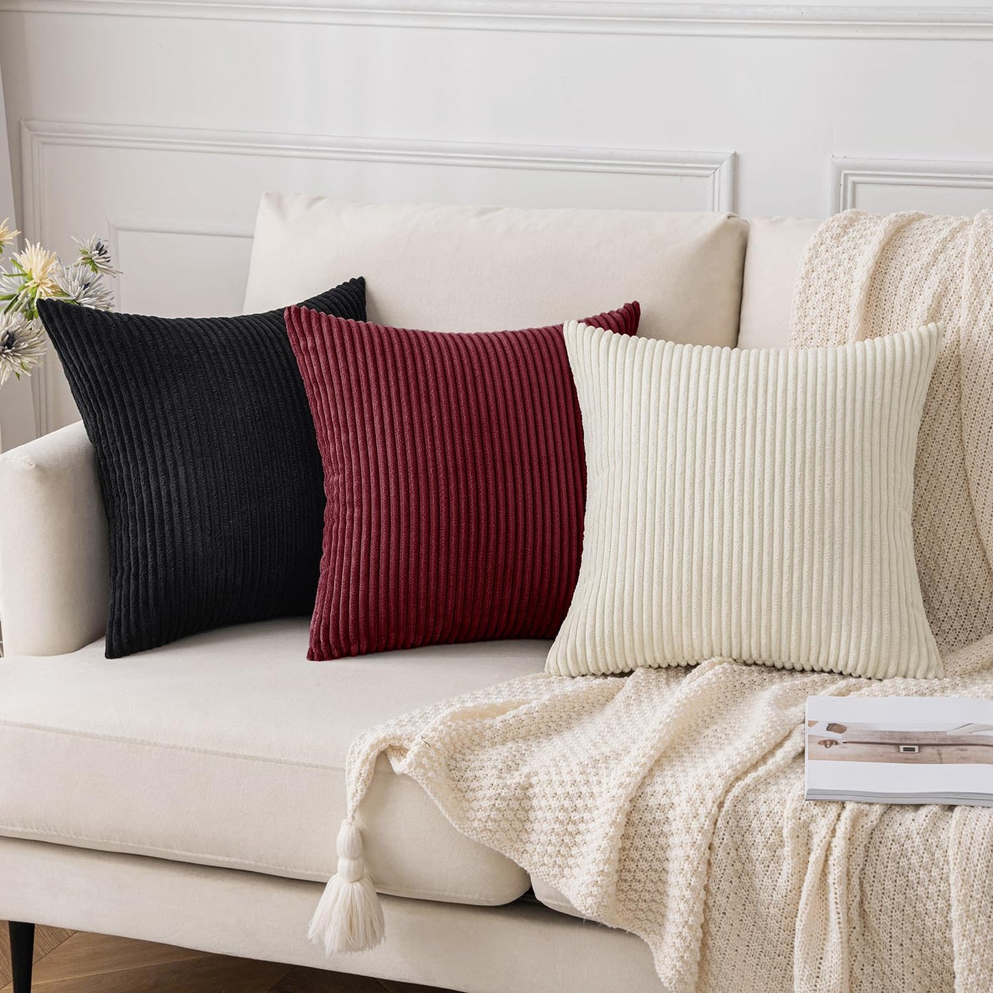 Slozzi 2-piece set corduroy pillowcase wine red 50x50 cushion covers pillow cover decorative pillowcase couch cushion soft for sofa bedroom living room balcony