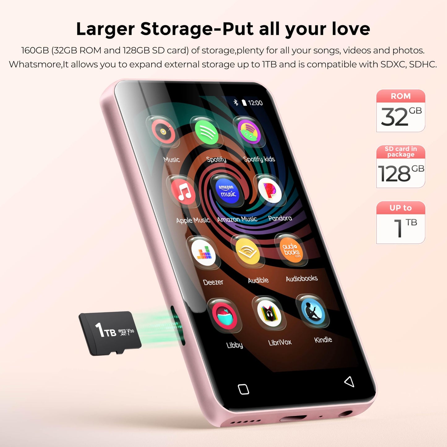 160G Spotify MP3 player with Bluetooth, Innioasis Mp4 player featuring Audible, Deezer, Hi-Fi 4-inch touchscreen music player with Wi-Fi (Pink)