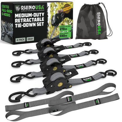 Rhino USA Self-Retracting Ratchet Straps (4-Pack) - 1" x 10' (1,200 lbs Breaking Strength) - Heavy Duty Automatic Ratchet Straps for Trucks, Trailers, Motorcycle, Bike & More - Gray