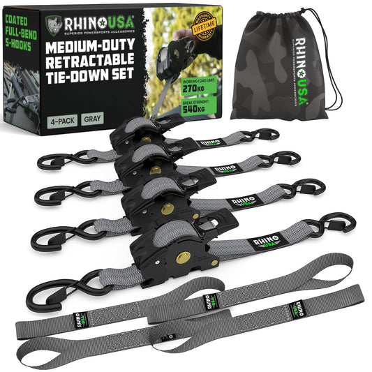 Rhino USA Self-Retracting Ratchet Straps (4-Pack) - 1" x 10' (1,200 lbs Breaking Strength) - Heavy Duty Automatic Ratchet Straps for Trucks, Trailers, Motorcycle, Bike & More - Gray