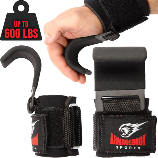 Lifting straps support strength training fitness hooks. Power metal hooks used for weightlifting. Wristbands made of neoprene and padded for deadlifts in the gym. Grip straps for added support.
