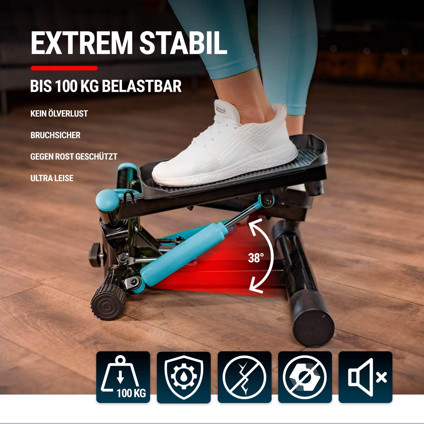 Hop-Sport Stepper Joy Blue with training computer, home swing stepper, fitness equipment with resistance bands, compact cardio device, max. weight capacity 100 kg.
