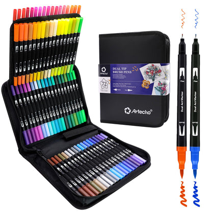Artecho Dual Brush Pen Set 72 Colors with Black Carrying Case, Felt Tip Pens Thick and Thin, Brush Pens Set, Pens for Bullet Journal, Calligraphy, Manga, Coloring Books, and Hand Lettering.
