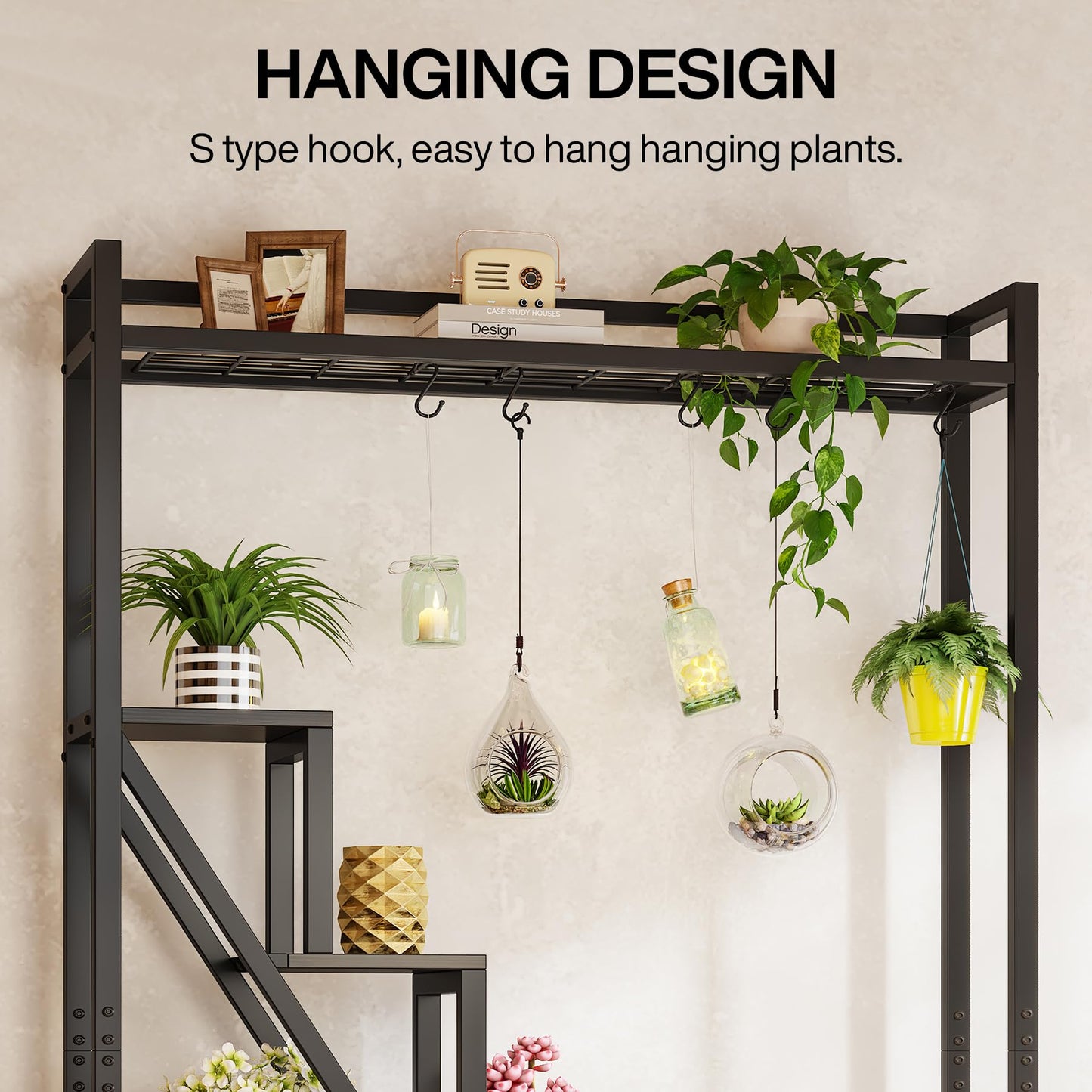 Tribesigns Flower Stand, 7-tier large plant shelf with 5 S-hooks, 180cm tall industrial wooden flower stand for indoor balcony floor plant stand living room (Black)