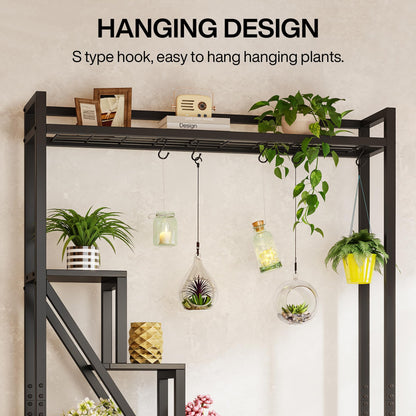Tribesigns Flower Stand, 7-tier large plant shelf with 5 S-hooks, 180cm tall industrial wooden flower stand for indoor balcony floor plant stand living room (Black)