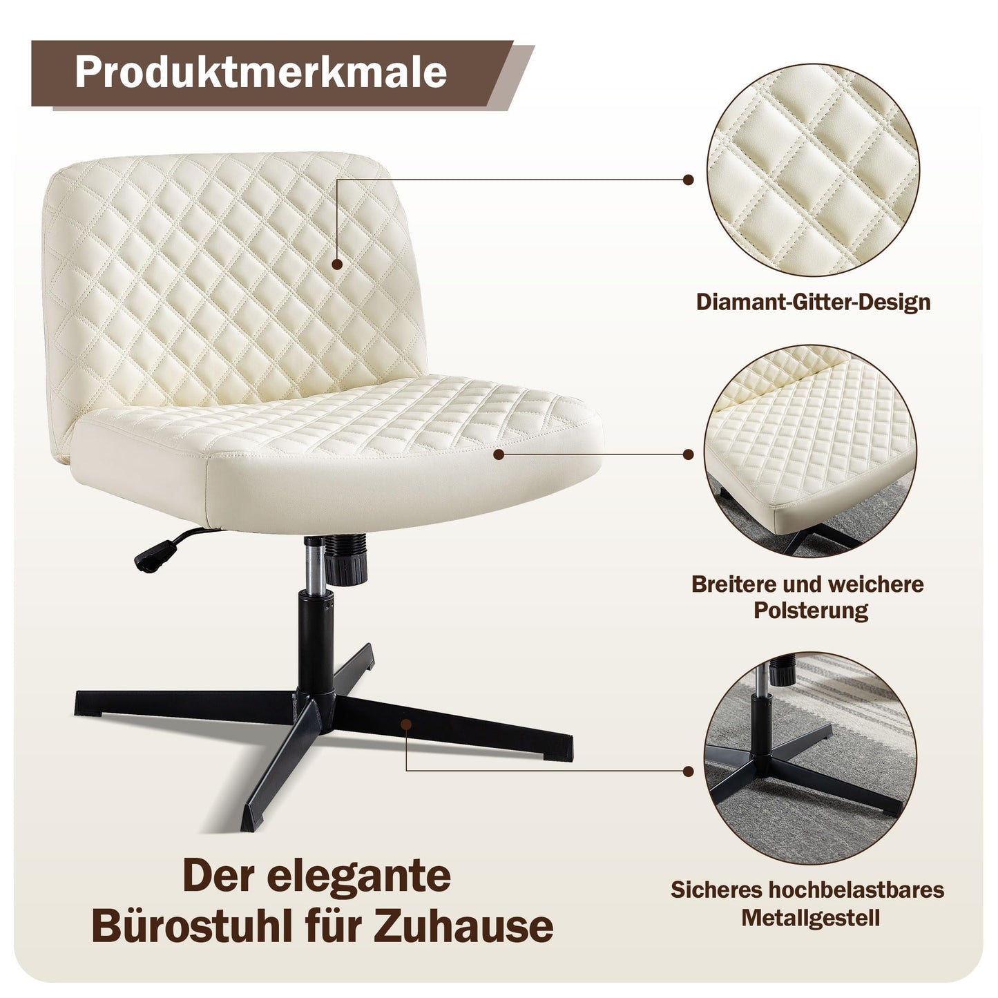 Fantasylab office chair without armrests, height-adjustable swivel chair for offices, wide desk chair 150kg with 120° tilt function for home office/house.