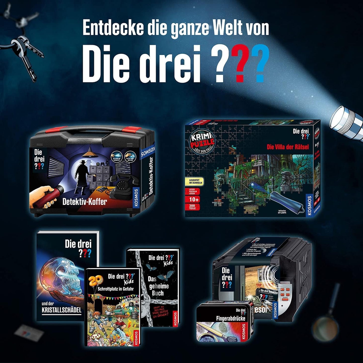 The Three Investigators Detective Case from KOSMOS, detective toy set for kids aged 8 and up with fingerprint powder, essential tools, and expert tips for investigation.