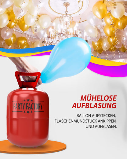 Party Factory helium gas for 30 balloons, helium gas cylinder with gas for latex, foil, and LED balloons, perfect for wedding, birthday, corporate event.