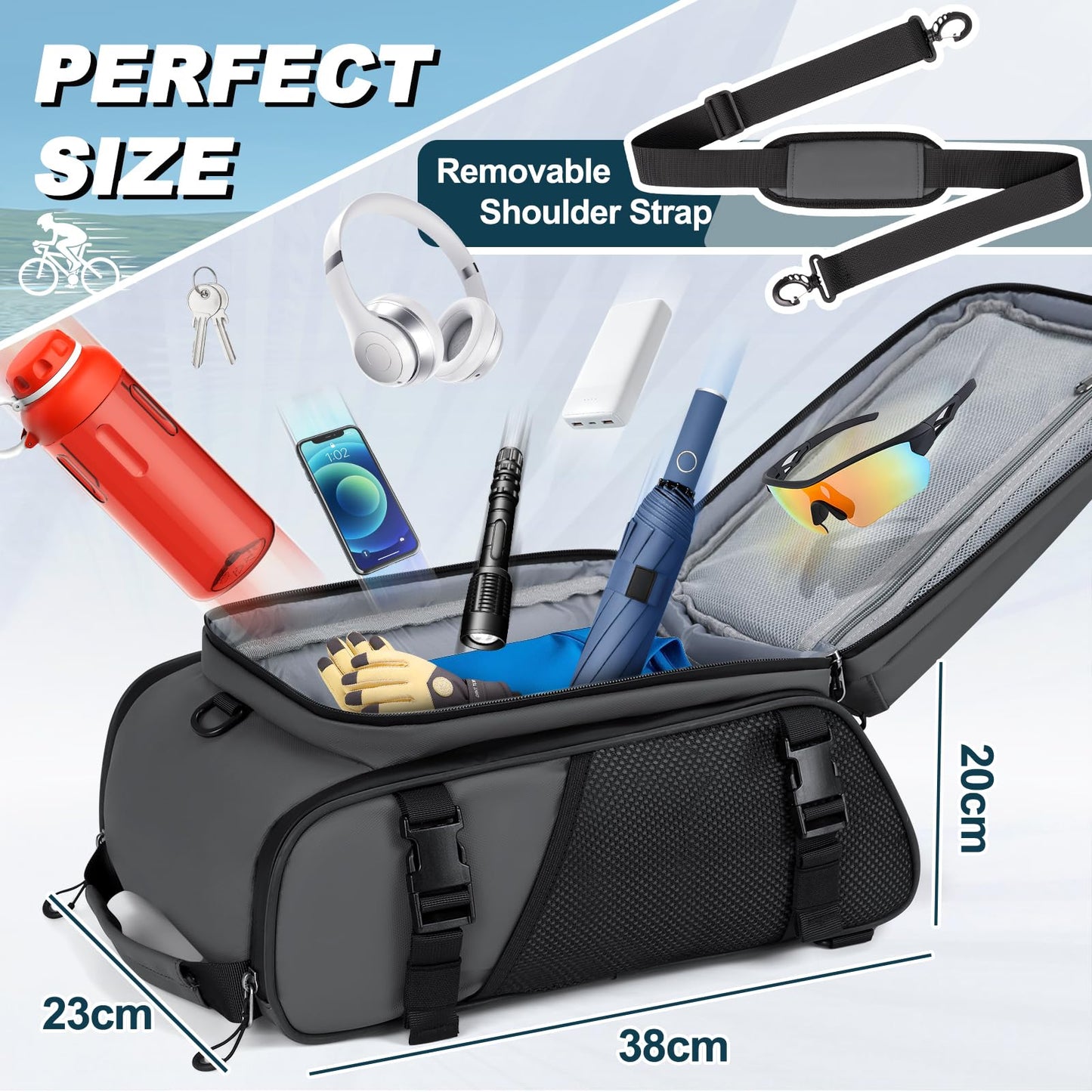 RAINSMORE 3 IN 1 Bike Bags for Rack 15L Waterproof & Reflective Bicycle Rear Rack Bag with Rain Cover Gray