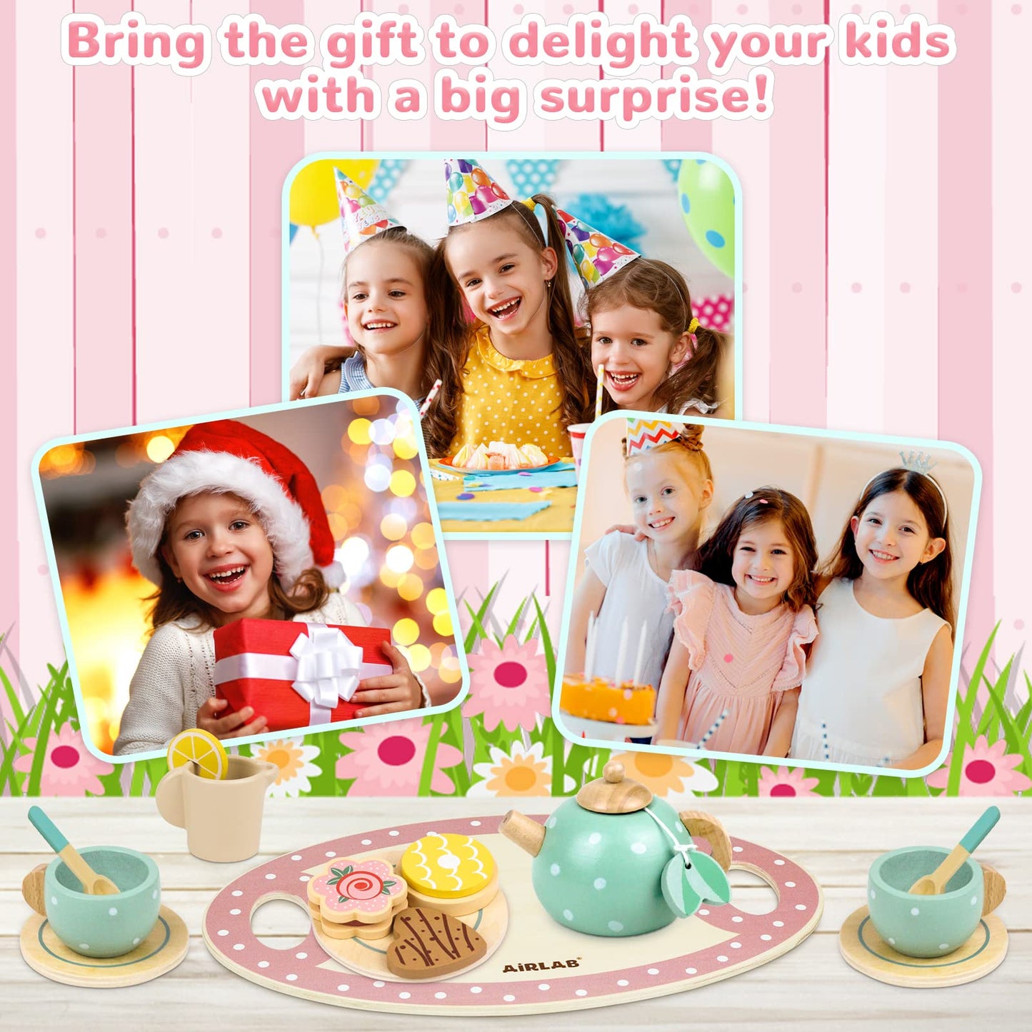 Airlab tea set children's kitchen accessories, wooden toy tea set, tea party play kitchen role play, wooden kitchen games, gift for kids girls boys.