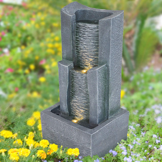 AMUR 3-tier STONE CASCADE garden fountain with LED light 230V waterfall water feature for garden, pond, patio, pond, balcony Very decorative