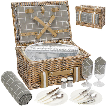 Willow picnic basket for 2 – Willow basket with waterproof picnic blanket | Willow picnic set with insulated cooler | Willow basket with cutlery set | Gift basket for Christmas, Thanksgiving, Gray
