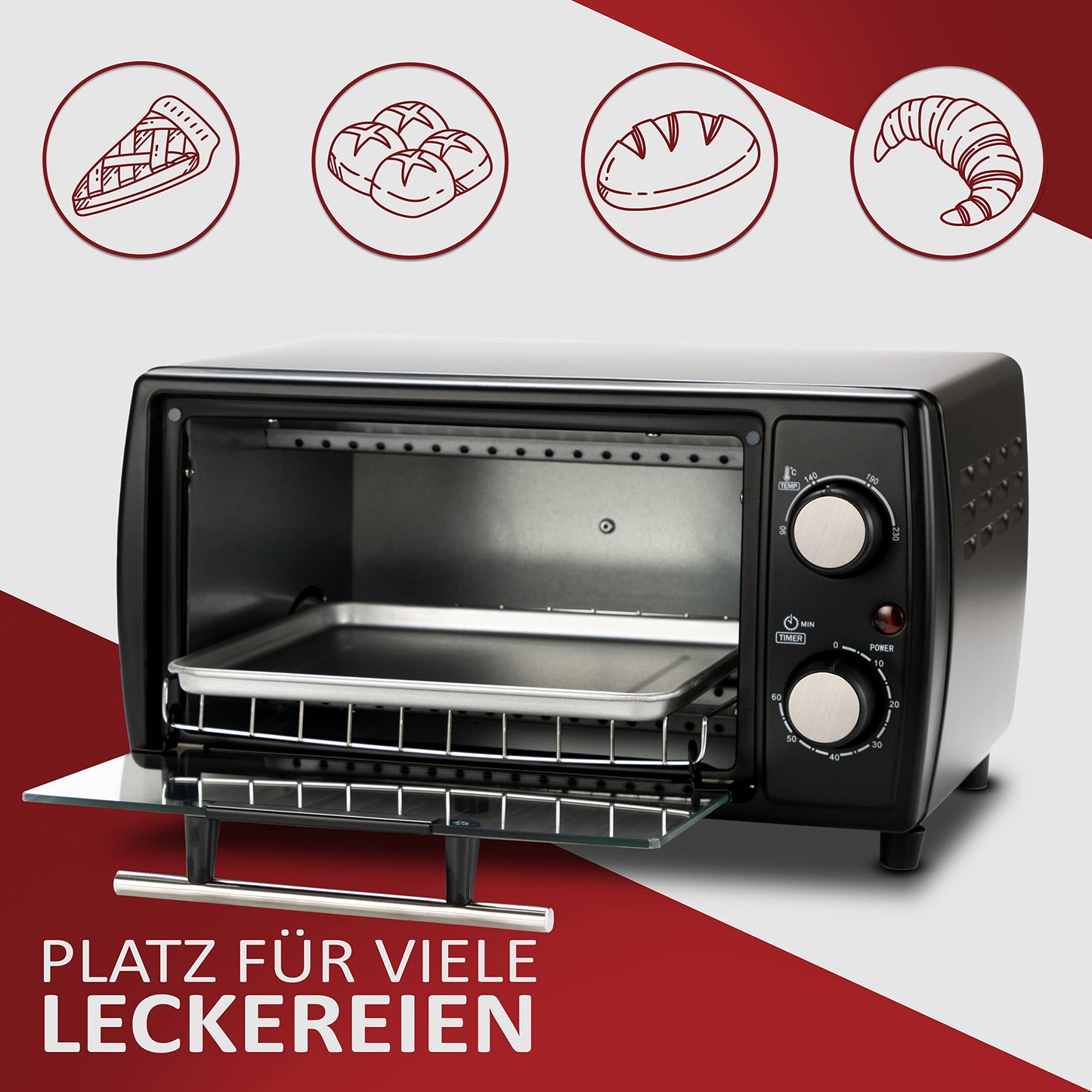 Ecosa Mini Oven | 1000 Watts | 10 liters | includes baking tray and grill rack | Pizza oven | 90°-230°C | 60 min. timer | fold-down crumb tray | mini oven | small oven