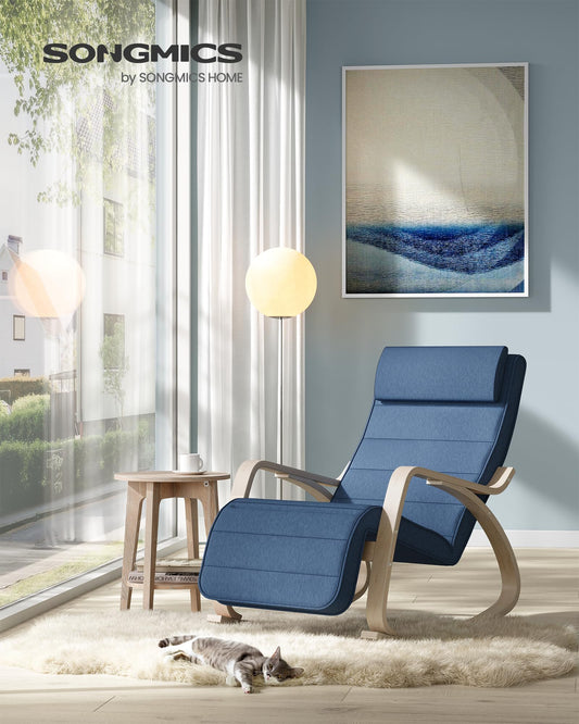 SONGMICS rocking chair with birch armrests, rocking armchair, 5-position adjustable footrest, up to 150 kg load capacity, for bedroom, living room, midnight blue-natural LYY010Q01