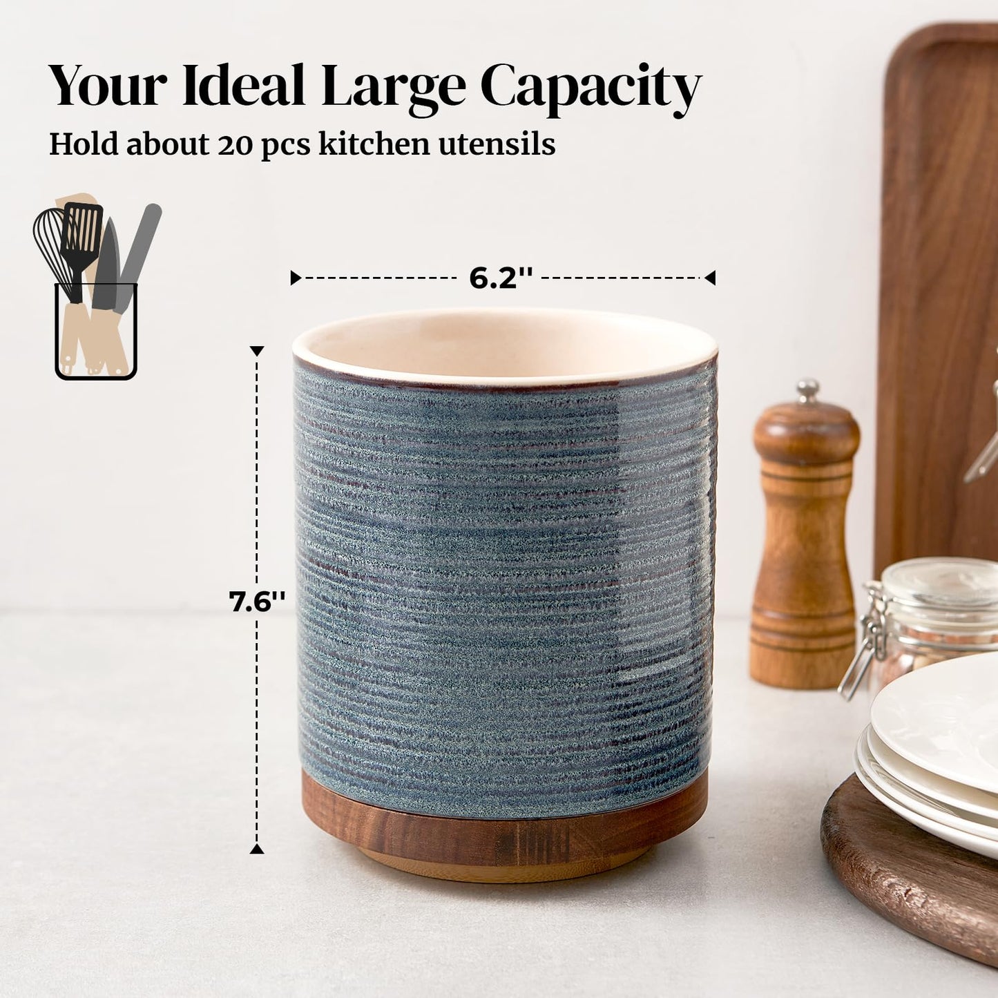 DOWAN Utensil Holder, 360° Rotating Large Kitchen Utensil Holder, Ceramic Utensil Holder for Countertop, Utensil Pot for Kitchen Decoration, Utensil Holder, Reactive Glaze Blue