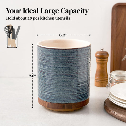 DOWAN Utensil Holder, 360° Rotating Large Kitchen Utensil Holder, Ceramic Utensil Holder for Countertop, Utensil Pot for Kitchen Decoration, Utensil Holder, Reactive Glaze Blue