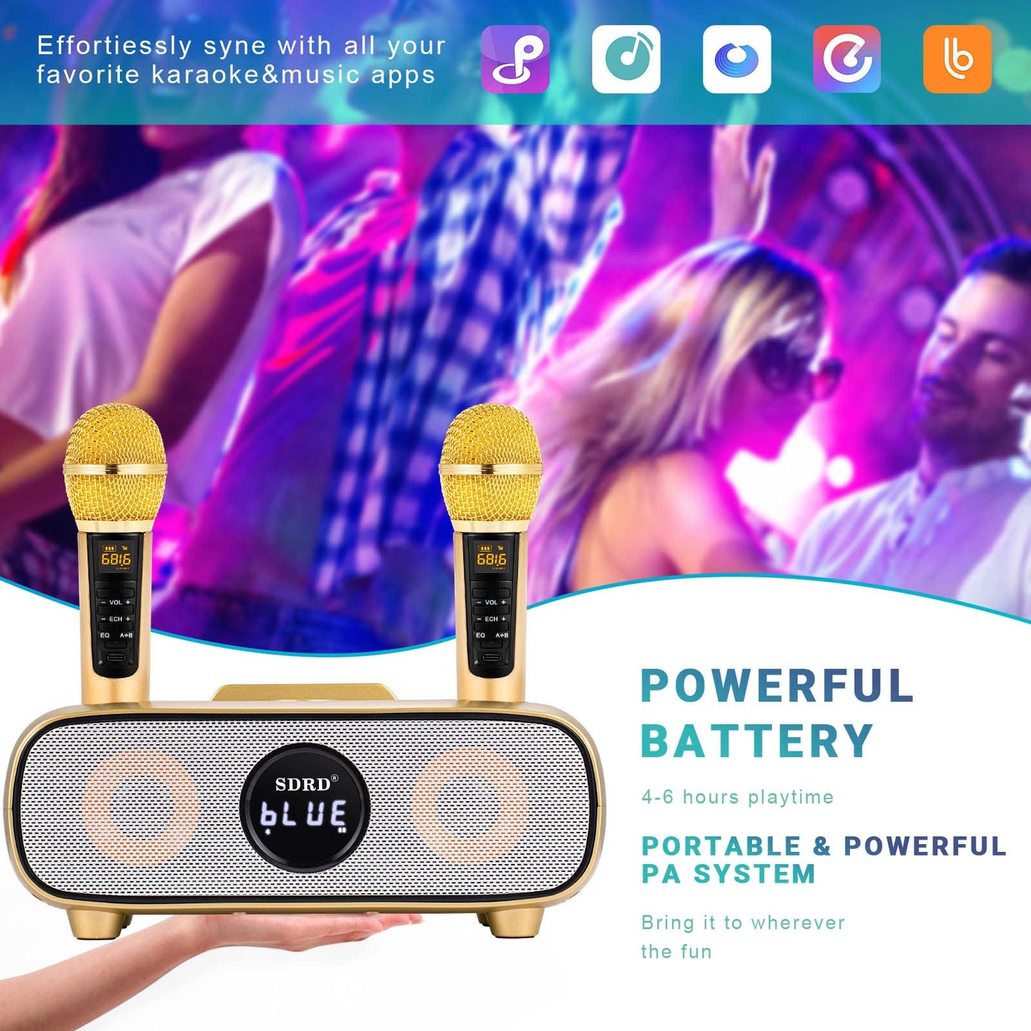 Karaoke Machine, Bluetooth karaoke system for adults and children, portable PA system with 2 microphones, speaker with phone holder/USB/TF-card/AUX-In, for home parties, picnics, outdoor/indoor (Gold)
