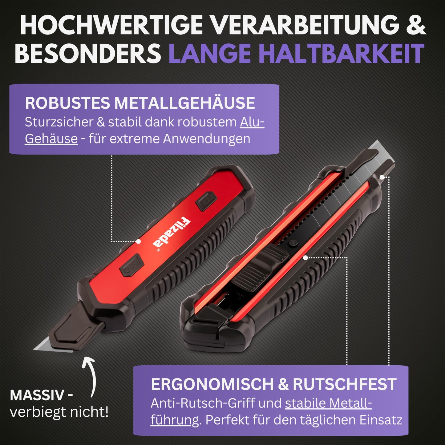 Filzada® 3x Utility Knife Professional incl. 13x Carbon Steel Blades BLACK - Utility Knife 18mm - Robust Carpet Knife Professional - Cutter Knife Set - Metal Utility Knife ULTRA SHARP