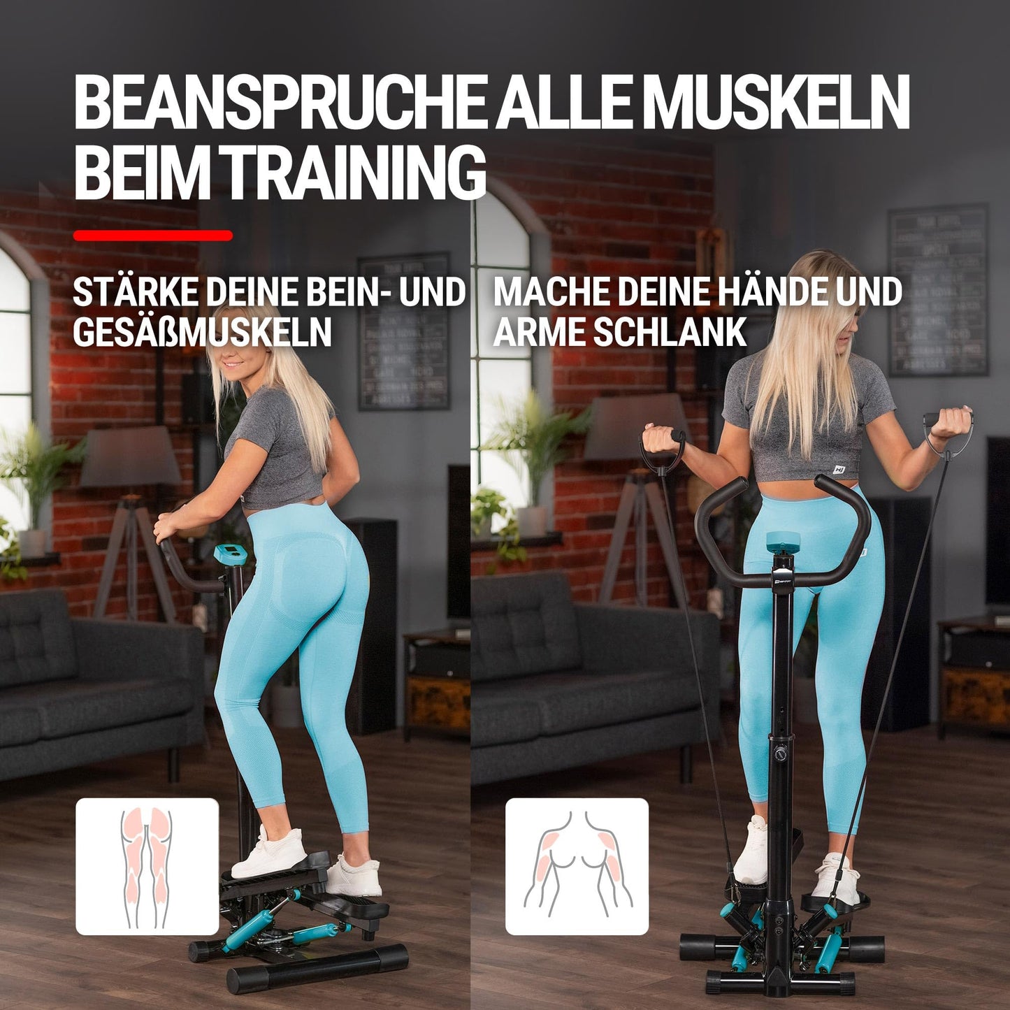 Hop-Sport stepper noble blue with handlebar, training computer & expanders for home, stable & compact, ideal for fitness & cardio workouts, max. user weight 100 kg.