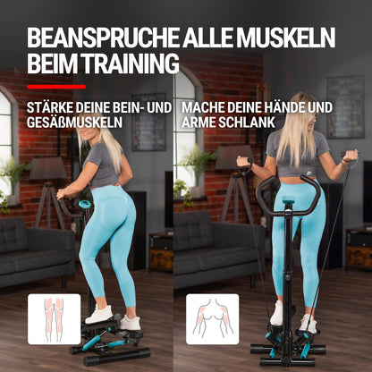 Hop-Sport stepper noble blue with handlebar, training computer & expanders for home, stable & compact, ideal for fitness & cardio workouts, max. user weight 100 kg.