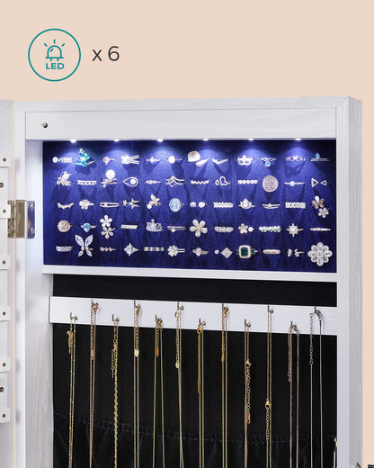 SONGMICS Jewelry Cabinet with Full-Length Mirror, Jewelry Storage with 6 LED Lights, Hang on Door or Mount on Wall, Large Capacity, 2 Drawers, White JJC99WT