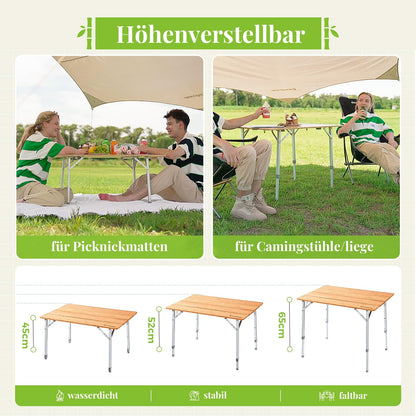 KingCamp camping table bamboo folding table adjustable height for 4-6 people foldable camping table, 4 folds with carrying bag, supports up to 80 kg, 100 x 65 cm, L