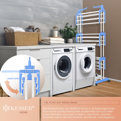 KESSER® Laundry Rack Tower with Wheels Space-saving clothes dryer for indoor & outdoor use 4 levels 2 swiveling side wings and 6 folding levels Standing dryer laundry tower Foldable, incl. Clamps