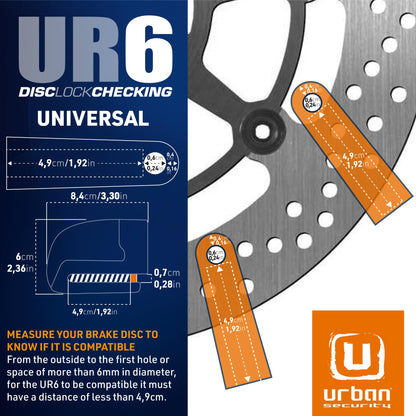 URBAN UR6 disc brake lock with 120dB alarm ON/Off with warning function, Optional activation, Long-lasting battery, Waterproof, Motorcycle lock alarm system Anti-theft protection Scooter Universal ø6mm