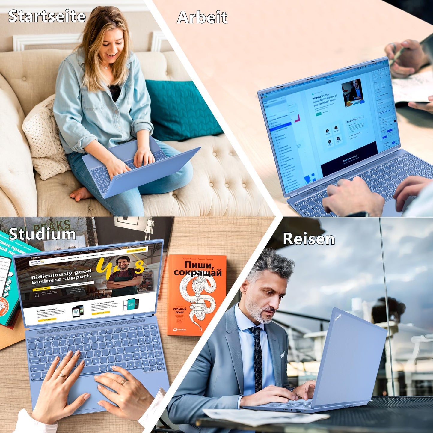 AOCWEI Laptop 16 inch 12GB RAM 512GB ROM Expandable 2.5" 1TB SSD, Laptop Win 11 with 4-Core CPU N5095 (up to 2.9 GHz), 1920 * 1200丨5G WiFi丨Bluetooth & German Keyboard Stickers-Blue