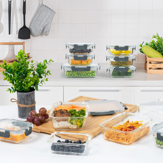Igluu Meal Prep Glass Food Storage Containers with BPA-free lid (10-pack) - microwave, oven, freezer, dishwasher safe, leak-proof - 370 & 1050 ml - durable borosilicate glass.