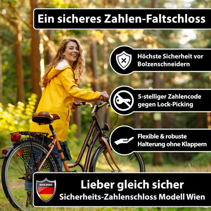 KOHLBURG bike lock combination lock with 5-digit code [bolt-cutter resistant, 101 cm long] folding lock type Vienna with bracket high security - bike lock for e-scooters, e-bikes & bikes