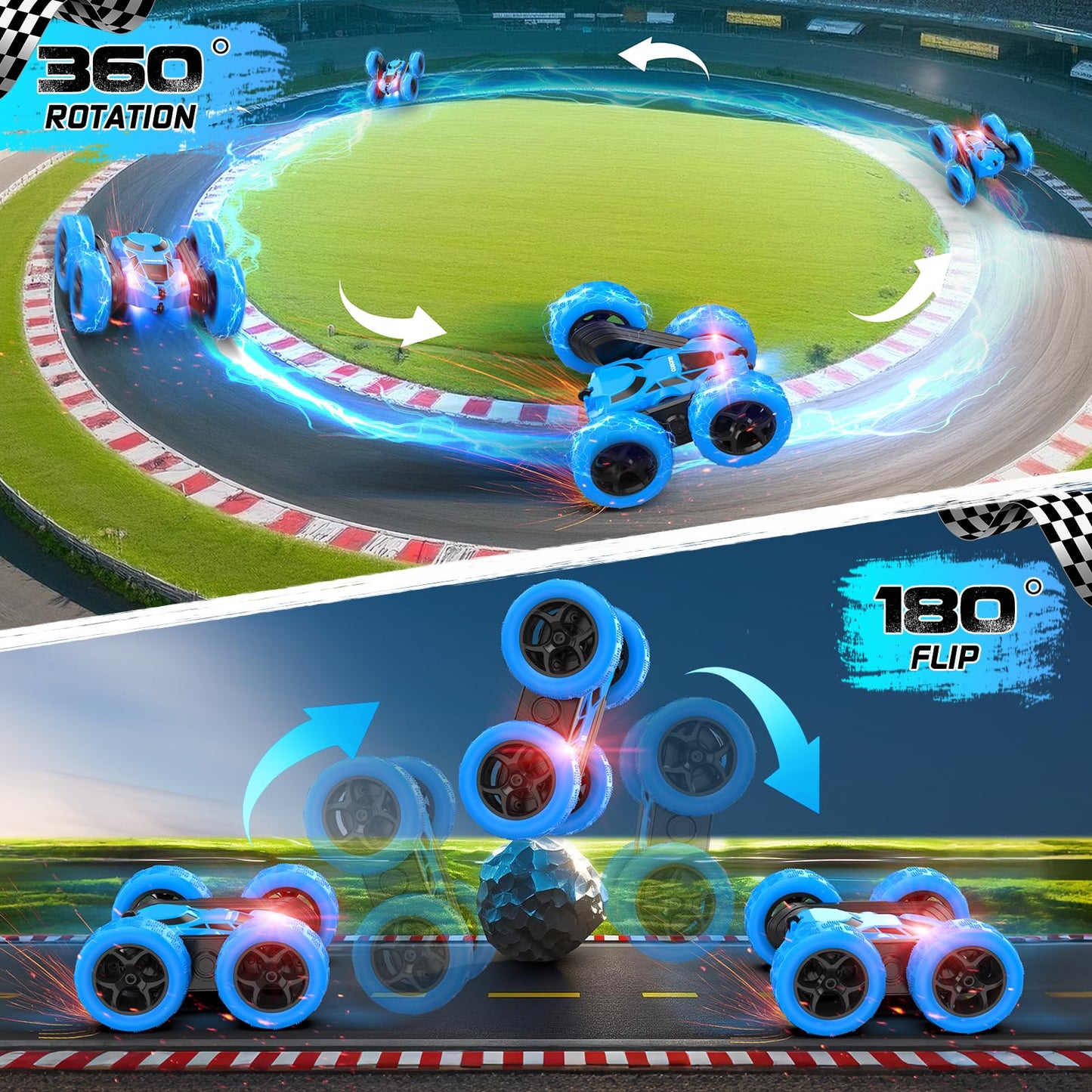 Cosone Remote Control Car, 2.4 GHz RC Cars with headlights, All-wheel Drive Off-road Stunt Car, Double-sided 360° Rotatable Car Toy, Gifts for Kids 6+ Years Old (Blue)