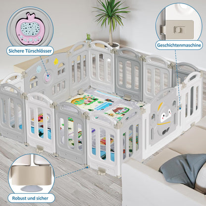 Sunworld Playpen baby playpen Foldable playpen with crawling mat and story box, Baby playpen, Foldable playpen 14-panel safety gate for children made of plastic (Gray white)