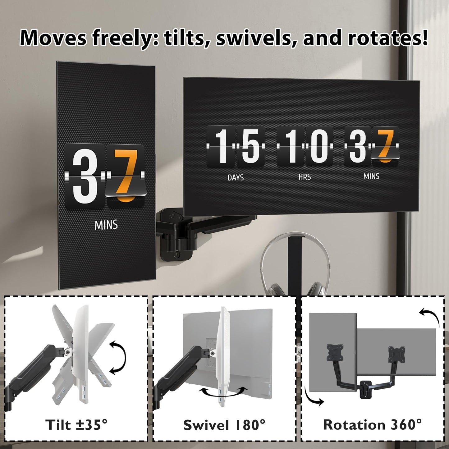 BONTEC Dual Monitor Wall Mount for 13-32 inch Screens, Height Adjustable, Swivel & Tilt, VESA 75x75/100x100, Up to 9 kg per Arm, Monitor Bracket for Office & Gaming, Gaming Accessory