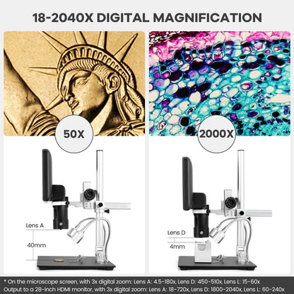 Andonstar AD246S-M HDMI digital microscope with 7-inch screen 2000x, 3 lenses 2160P UHD video recording, digital microscope, soldering microscope, biological microscope kit with 32G card.