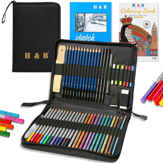 H & B colored pencil, artist colored pencil, professional drawing pencil set for kids, artists, adults, painters, great for children's sketching (51 colorful pencils with sketchbook and book)